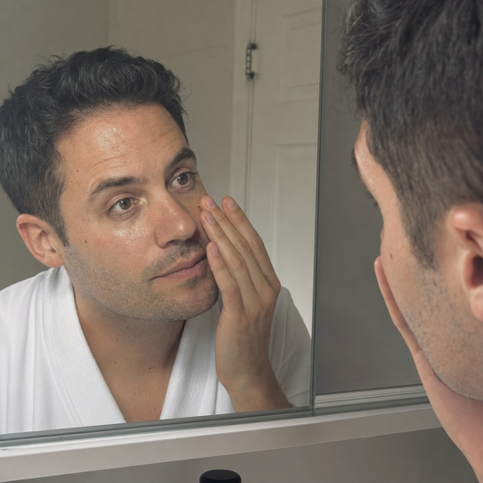 Man applying Bloom Glow brightening serum