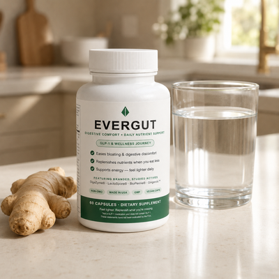 EVERGUT on the counter with ginger and water