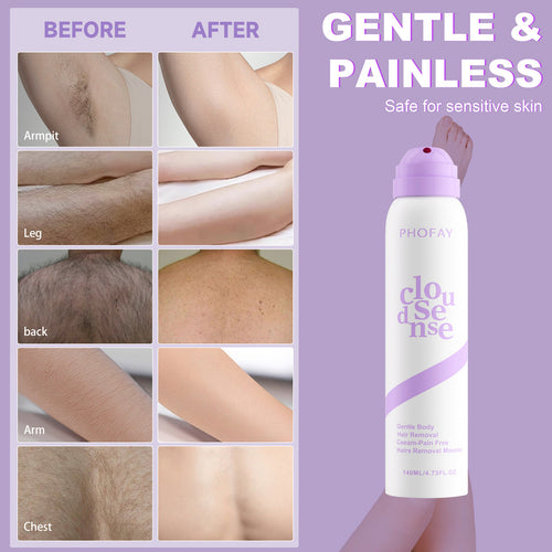 PHOFAY Pain-Free Hair Removal Spray & Cream — Sensitive Skin, Hypoallergenic (Ginseng · Aloe · Hyaluronic)